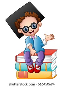 Vector illustration of Graduation boy sitting on piles of books