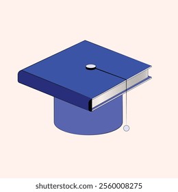 Vector illustration. Graduation cap formed by book, represents the culmination of educational journey, where knowledge transforms into accomplishment. Concept of knowledge, literature, education.