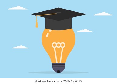 Vector illustration of a graduation cap with a huge light bulb, symbolizing the blend of education and innovation, and bright ideas shaping the future through education
