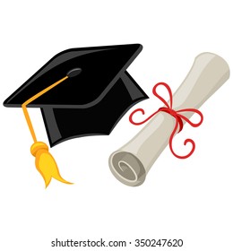 Vector Illustration of Graduation cap, mortarboard and Diploma