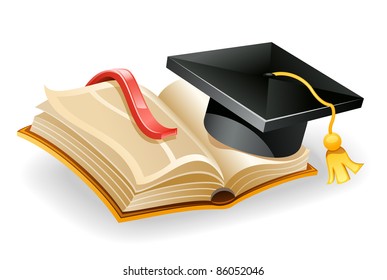 Vector illustration of graduation cap and open book. Isolated on white background.