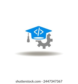 Vector illustration of graduation cap with programming code and gear wheel. Icon of machine learning. Symbol of AI. Sign of coding programming learning.