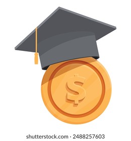 Vector illustration of a graduation cap resting on a golden coin with a dollar sign, symbolizing investment in education