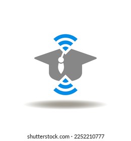 Vector illustration of graduation cap and wireless or wi-fi signal. Icon of electronic online education. Symbol of E-Learning.