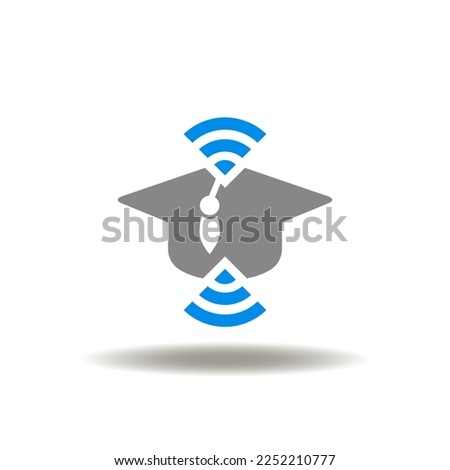 Vector illustration of graduation cap and wireless or wi-fi signal. Icon of electronic online education. Symbol of E-Learning.