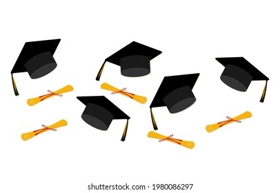 Vector illustration Graduation caps and diplomas on white background