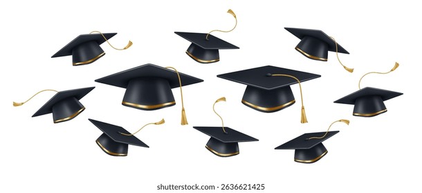 Vector Illustration of Graduation Caps Flying in the Air Representing Academic Achievement and Celebratory Moments.