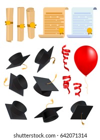 Vector illustration of graduation. Caps graduate, diploma, red tape, balloons. Icons for a web page.