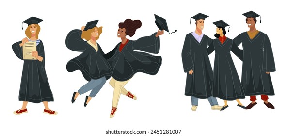 Vector illustration of graduation ceremony, cheerful students celebrating.