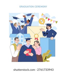 Vector illustration of a graduation ceremony featuring joyful graduates throwing caps, a speaker at a podium, and proud family members celebrating the achievement together.