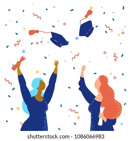 Vector illustration graduation ceremony flat style with graduates put hand up. Commencement day