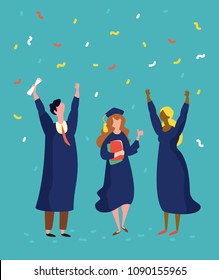 Vector illustration graduation ceremony flat style with graduates put hand up. Commencement day