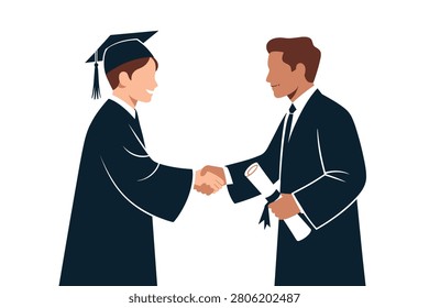 Vector illustration of a graduation ceremony where a student in an academic gown and cap is shaking hands with a professor or dean holding a diploma.