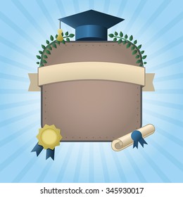 Vector illustration of graduation certificate or postcard. Invitation template with hat, scroll, wreath and seal on rising sun background. Graduation card with place for text