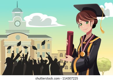 A vector illustration of a graduation girl holding her diploma with her friends in the background