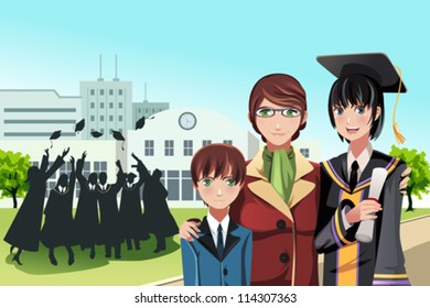 A vector illustration of a graduation girl holding her diploma posing with her mother and brother with friends in the background