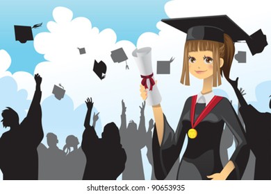 A vector illustration of a graduation girl holding her diploma with her friends in the background