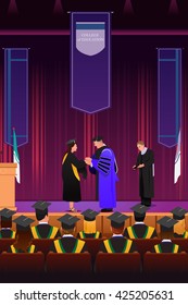 A vector illustration of graduation girl shaking hand with dean at podium