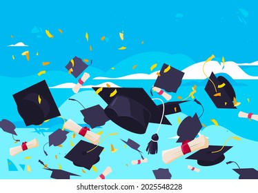 Vektorgrafik von Studentenhüten mit Graduierungszertifikaten, die in der Luft mit goldenen Konfetti auf blauem Hintergrund fliegen