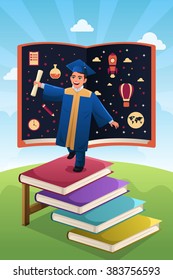 A vector illustration of graduation student standing on top of stack of books