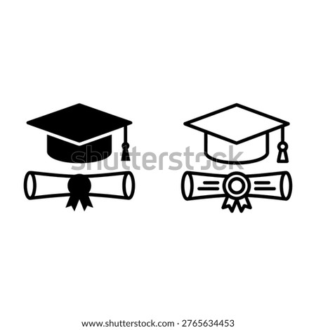Vector illustration of graduation symbols, including a mortarboard and diploma scroll, in both solid and outline styles.