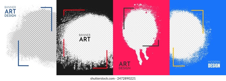 Ilustración vectorial. Conjunto de marcos de color abstracto de graffiti. Diseño para póster, invitación, Tarjeta de regalo, Cupón, cubierta de libro, superposición de Fotografía, Anuncio de Web. Salpicaduras de pintura sobre fondo transparente
