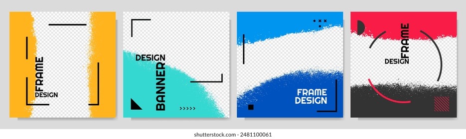 Vector illustration. Graffiti abstract color overlay set with linear frame. Design for social media template, web banner, cover, network stories, blog post. Paint splatter on transparent background