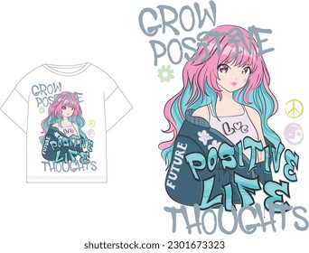 Vector illustration of graffiti and anime girl. Text vector with spray effect and slogans are used.