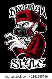 Vector illustration of graffiti artist with spray and respirator. Street art colored design on dark background.