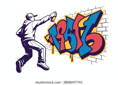 Vector illustration of a graffiti artist wearing a hoodie and cap, painting the number 1976 in vibrant colors on a brick wall, isolated on white background.