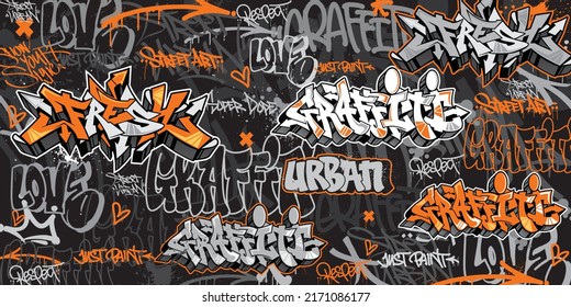 Vector illustration of graffiti background. Graffiti Art textures in a hand-drawn style. Old school and urban street art theme. Element for t-shirt design, textile, background, wallpaper, and prints