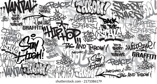 Vector illustration of graffiti background. Graffiti Art textures in a hand-drawn style. Old school and urban street art theme. Element for t-shirt design, textile, background, wallpaper, and prints - Shutterstock ID 2171086179
