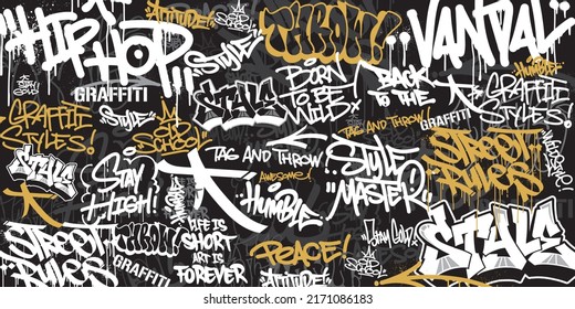 Ilustración vectorial del fondo del graffiti. Texturas de grafiti Art en un estilo dibujado a mano. Tema de la vieja escuela y el arte urbano callejero. Elemento para diseño de camisetas, textil, fondo, papel tapiz e impresiones