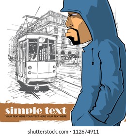Vector illustration of a graffiti character and old tram.