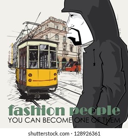 Vector illustration of a graffiti character and old tram.