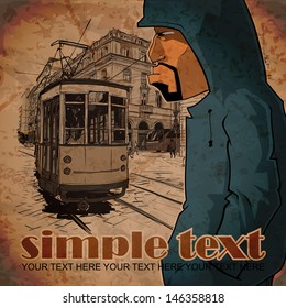 Vector illustration of a graffiti character and old tram.