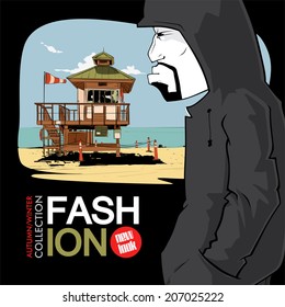 Vector illustration of graffiti character and saving tower. 