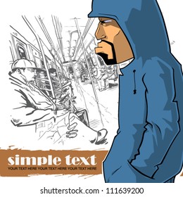 Vector illustration of graffiti character in a train. Place for your text.