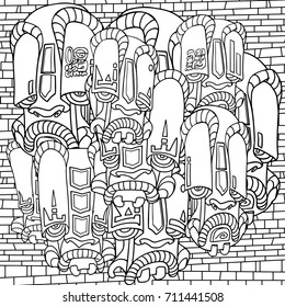 vector illustration of graffiti with strange ethnic faces and mayonnaise ornaments on the background of brickwork