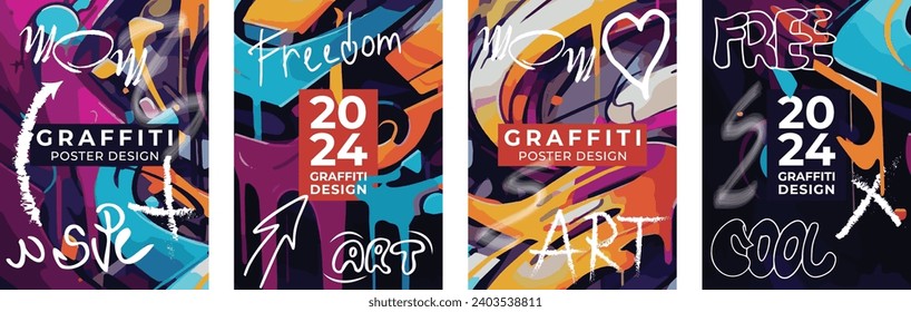 Vector illustration in graffiti style. Banner, poster, flyer, cover template. Set of vector posters. Wall art, drawing on the wall. Vector template, design elements.