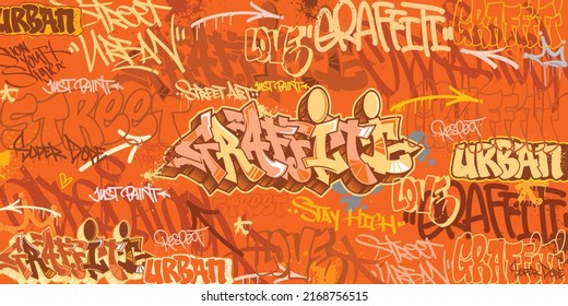 Vector illustration of graffiti tags background. Graffiti Art textures in a hand-drawn style. Old school and urban street art theme. Element for t-shirt design, textile, background and prints. 