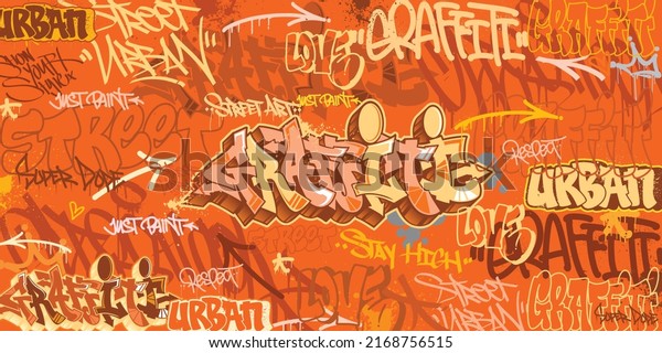 Vector illustration of graffiti tags background.\
Graffiti Art textures in a hand-drawn style. Old school and urban\
street art theme. Element for t-shirt design, textile, background\
and prints. 