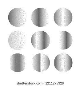 Vector illustration of grainy black and white halftone textures in round shape isolated on white background