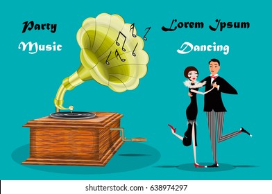 vector illustration with a gramophone and a dancing retro people 