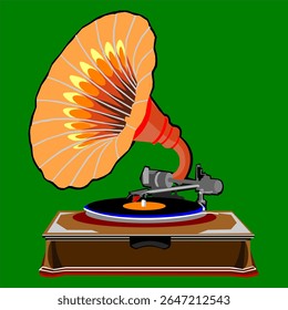 Ilustração vetorial de um gramofone, um player de música que usa discos de vinil como seu meio de armazenamento de música