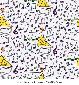 Vector illustration of gramophone, notes, music. seamless pattern