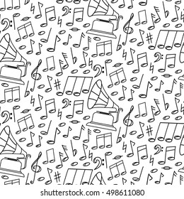 Vector illustration of gramophone, notes, music. seamless pattern