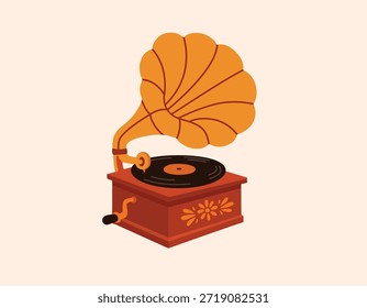 Ilustração vetorial de um gramofone. Desenho retrô. Estilo vintage. Reprodutor de música retrô. Instrumento musical.