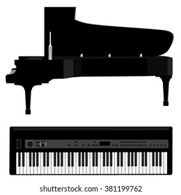 Vector illustration grand black realistic piano and black synthesizer. Piano keys . Forte piano. Musical instrument