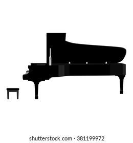 Vector illustration grand black realistic piano and piano bench, stool. Forte piano. Musical instrument